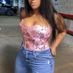 Pink jacquard satin corset top
